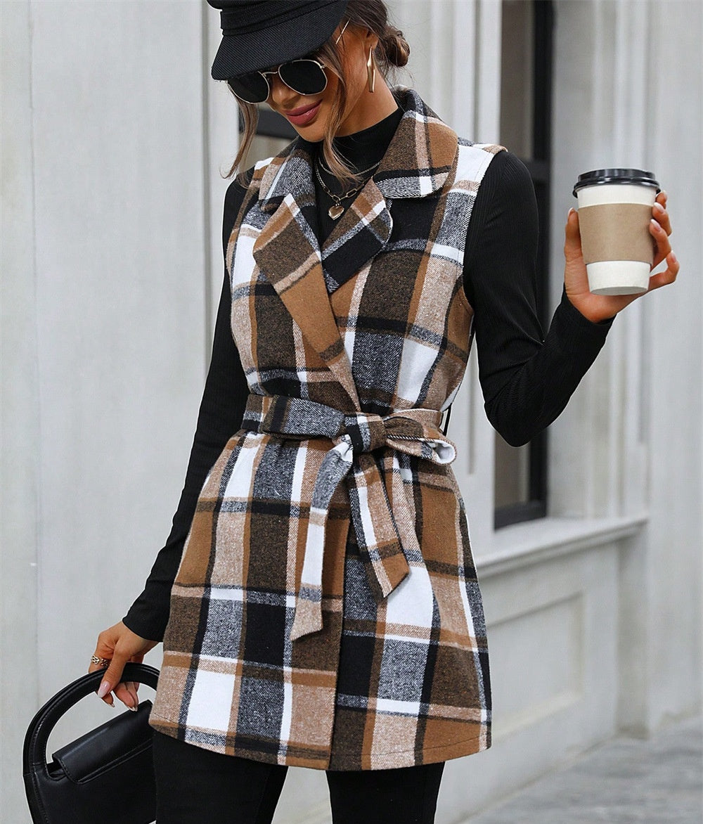 Sleeveless Plaid Vest Lace-Up Waist-Controlled