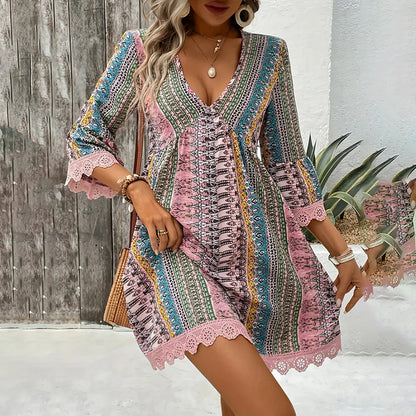 V-Neck Printed Summer Dress Lace Trim Boho Chic Sundress