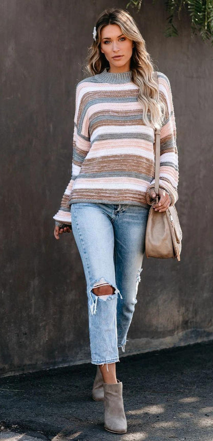 Striped Pullover Sweater Round Neck Stitching Knit
