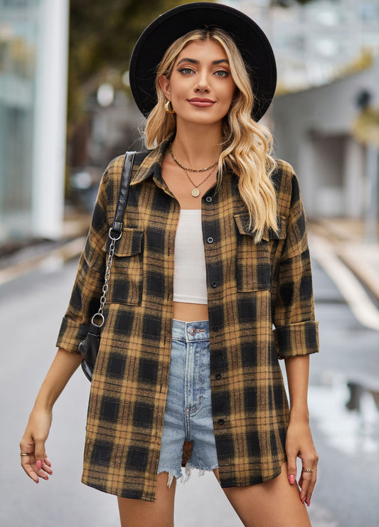 European & American Style Flannel Plaid Shirt – Long Sleeve Casual Top with Pockets