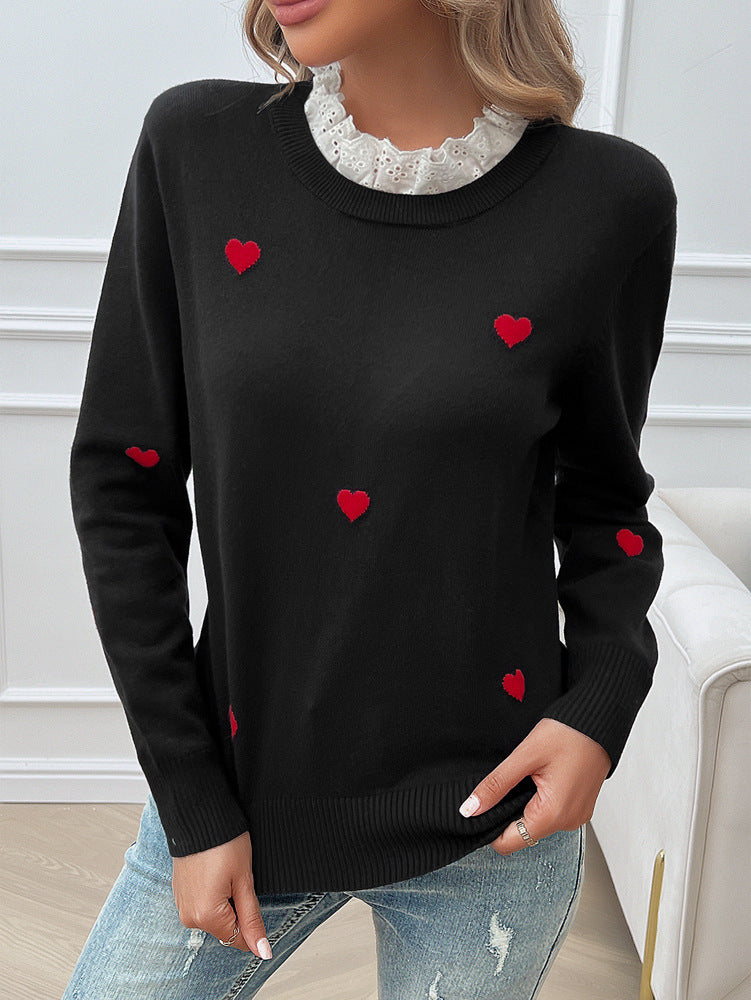Sweet Cute Embroidered Love Sweater with Lace Collar