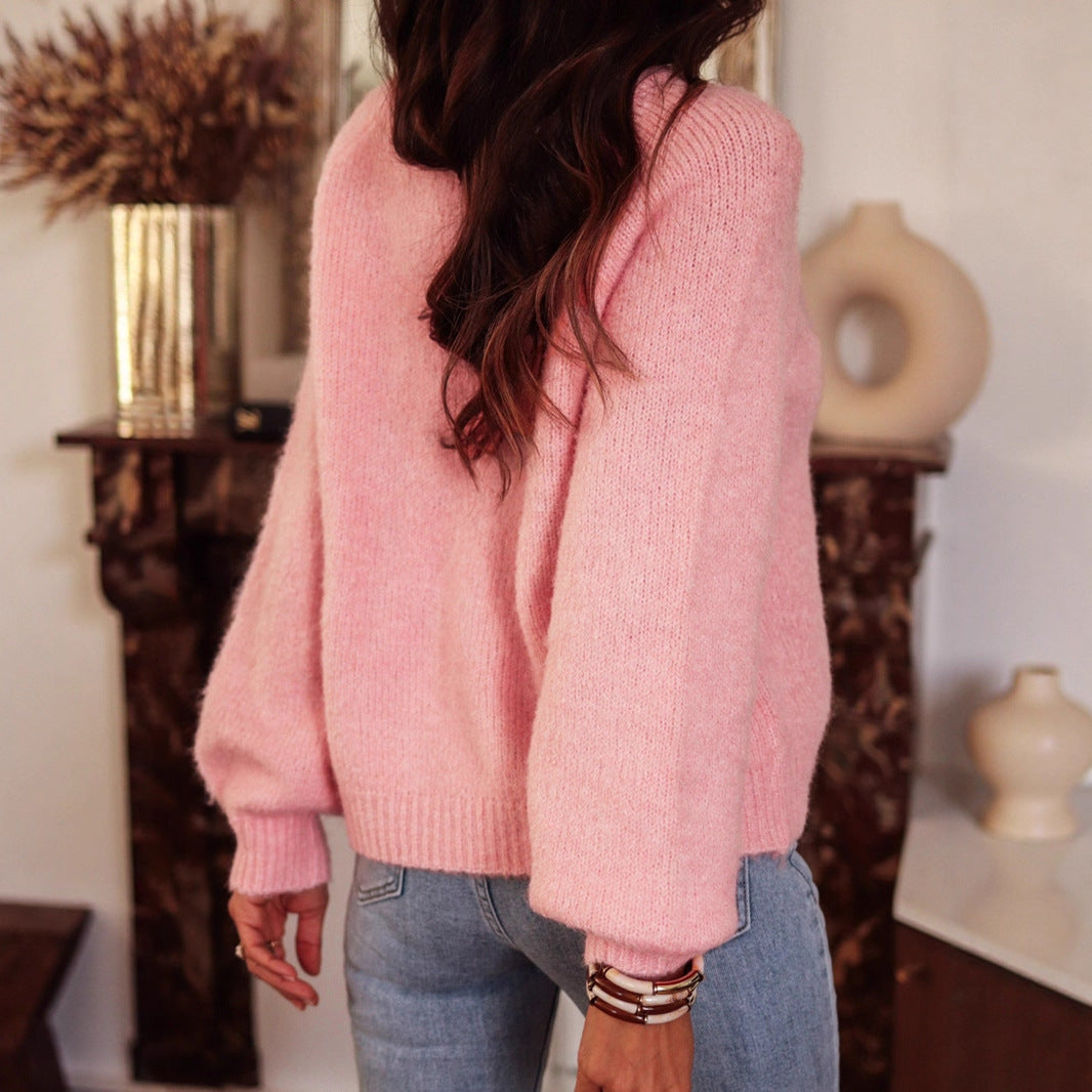Raglan Sleeve Sweater  Round Neck Button Knit Pullover