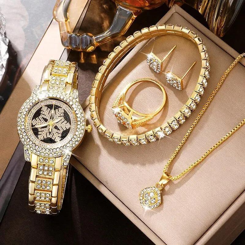 Snowflake Pattern Watch & Full Rhinestone Jewelry Five-Piece Set Luxury Wrist