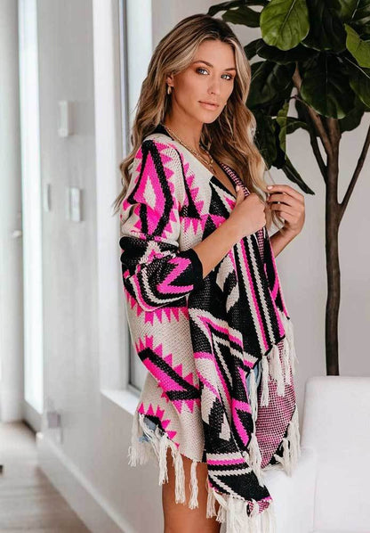 Printed Cardigan Fringe Long Sleeve