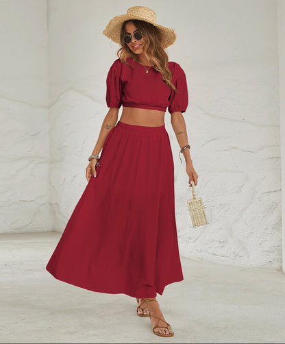 Two-Piece Outfit Solid Midi Skirt Fashion Set