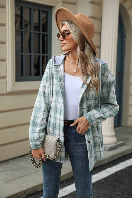 Hooded Multi-button Plaid Long Sleeve Loose Woolen Coat