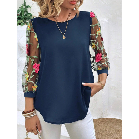 Floral Embroidered Sheer Mesh Puff Sleeve Top Boho Crew Neck