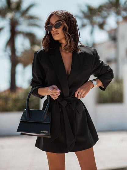 Long Sleeve Tied Blazer Collar Coat