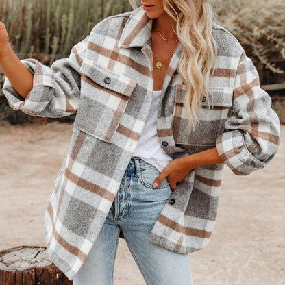 Plaid Flannel Woolen Shirt Button-Up Long Sleeve