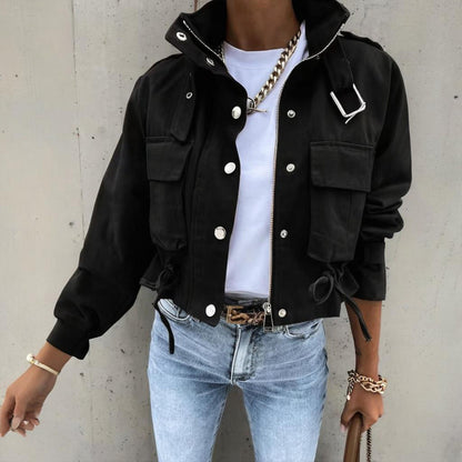 Stand Collar Long Sleeve Jacket Button & Zipper Short Coat with Pockets