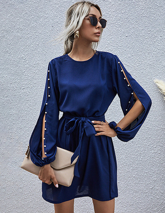 Long Sleeve Beaded Round Neck Belt Dress