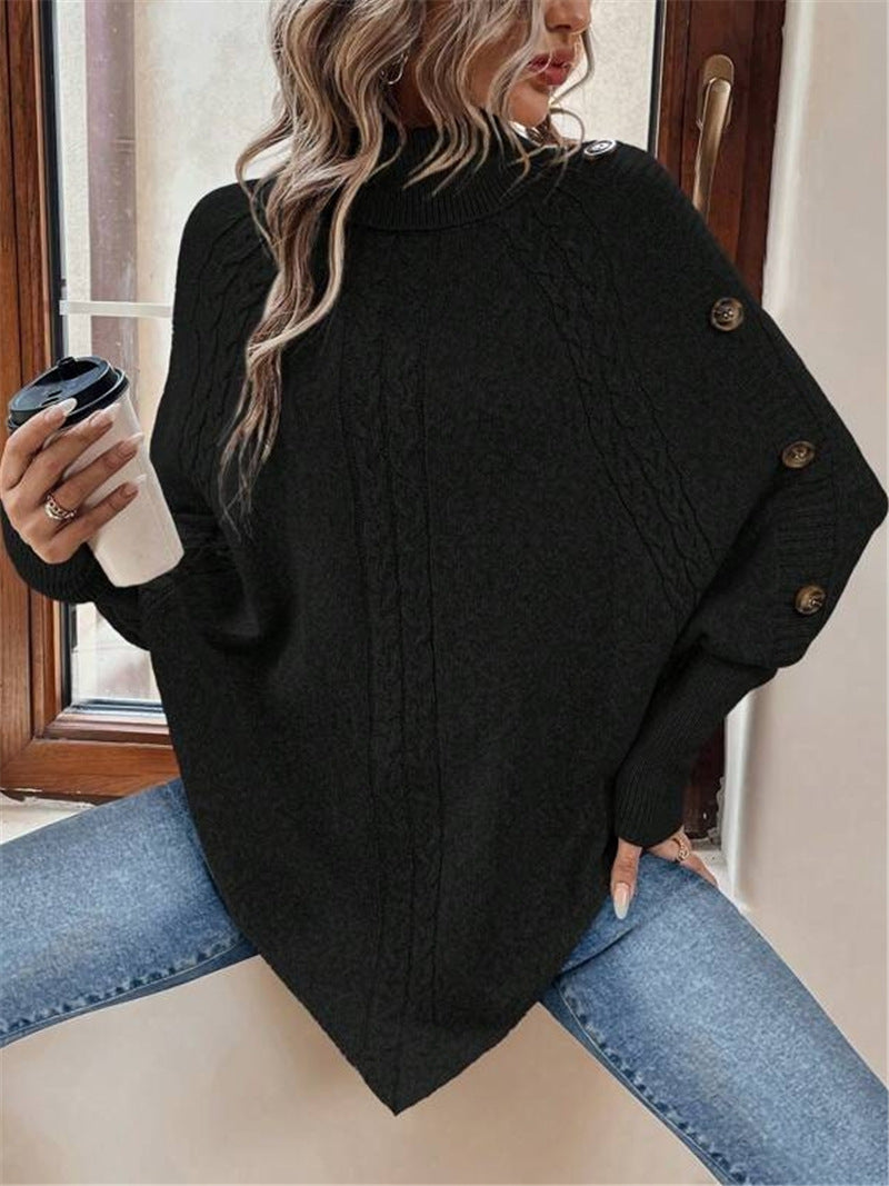 Turtleneck Batwing Shirt Long Sleeve Top with Decorative Buttons