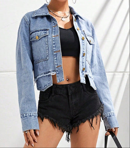 Short Denim Chore Jacket with Buttons