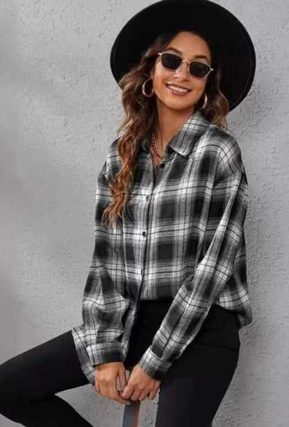 Plaid Cardigan Shirt Loose Fit Casual