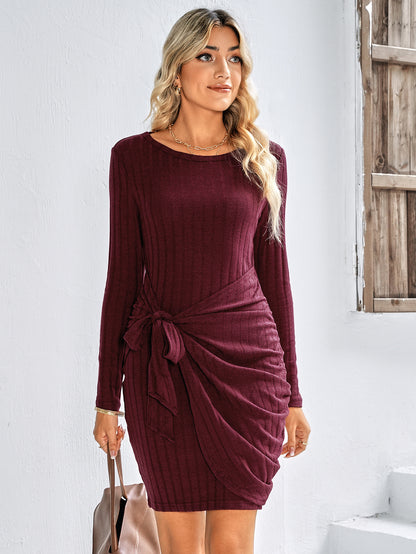 Round Neck Long Sleeve Knot Dress
