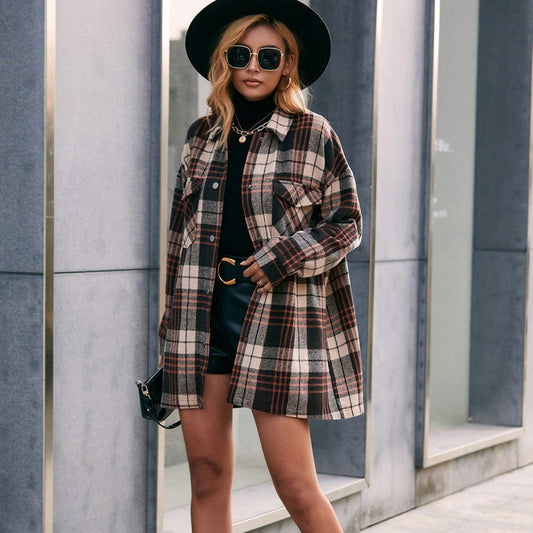 Plaid Single-Breasted Trench Coat Mid-Length Shirt Jacket