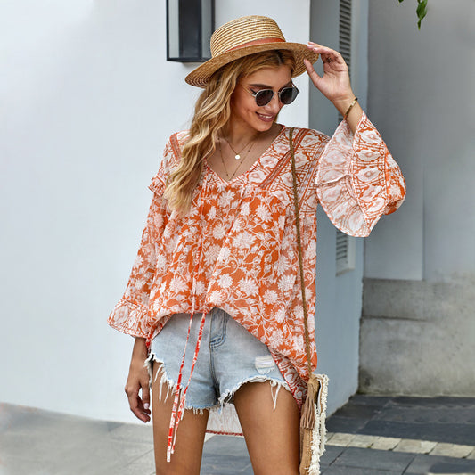 Bohemian Ruffled V-Neck Top – Flared Sleeve Blouse
