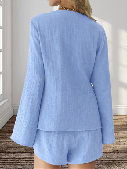 Cotton Loungewear Set Long Sleeve Cardigan with Lace-Up Shorts