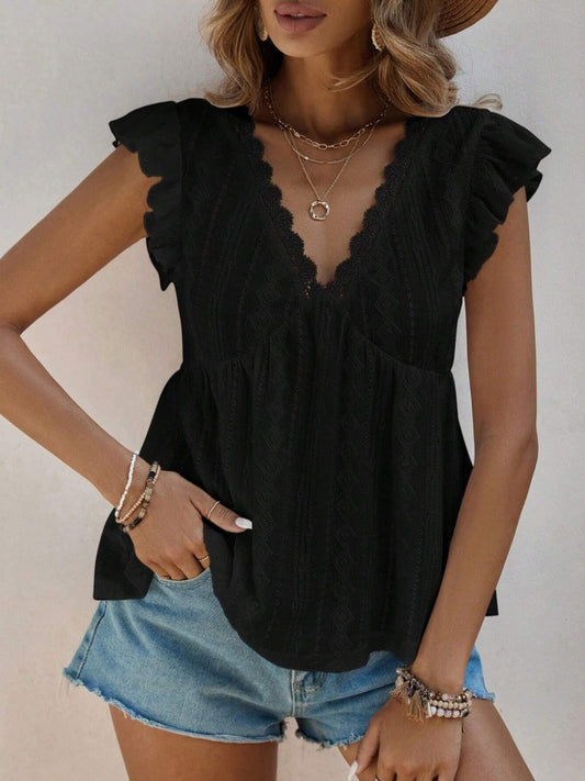 Hollowed-Out V-Neck Lace Top Ruffled Short Sleeve