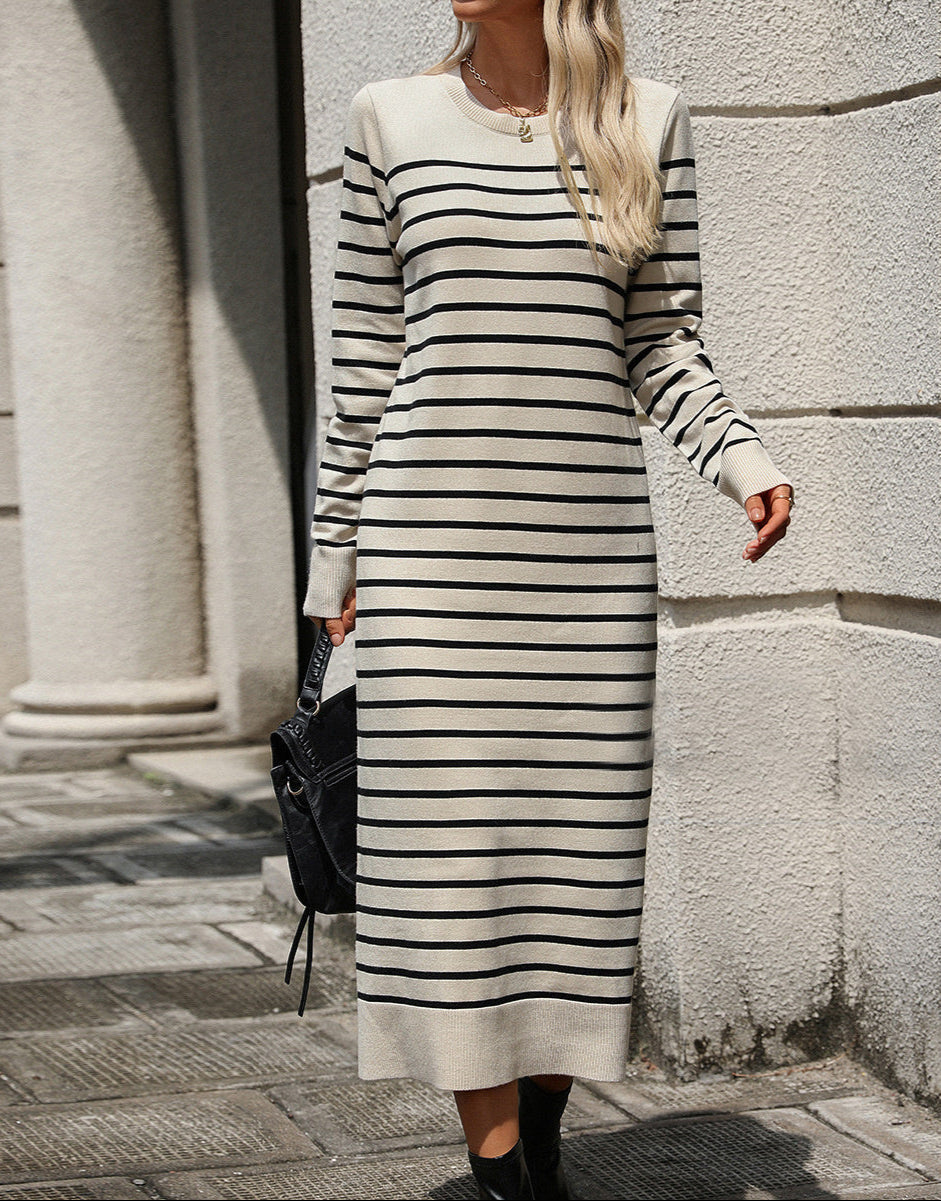 Slim Striped Printed Long Dress Autumn & Winter Long Sleeve