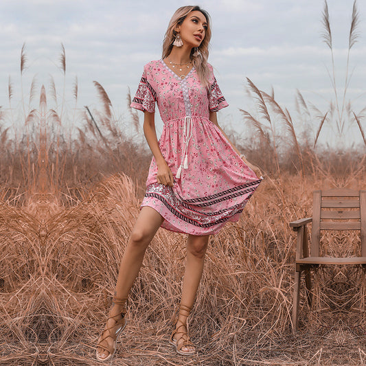 Floral Lace-Up Slim Fit Short-Sleeve V-Neck Dress
