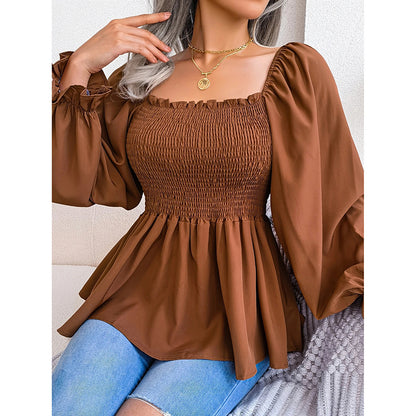 Peplum Tops Square Neck Ruffle Trim Long Sleeve Blouse Smocked Top Dressy