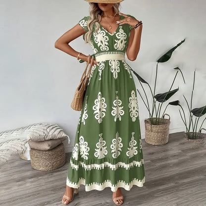 Maxi Dress for Women Casual V Neck Cap Sleeve