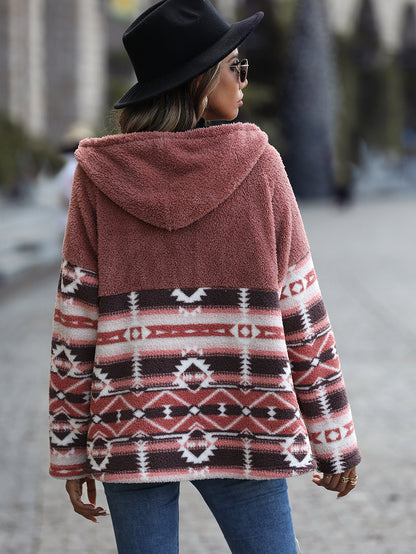 Hooded Long-Sleeve Jacket Geometric Print with Buttons