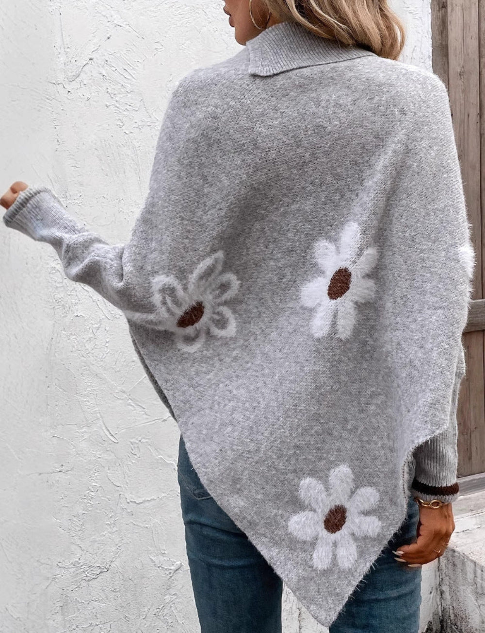 Pullover Flower Jacquard Cloak Knitted Poncho