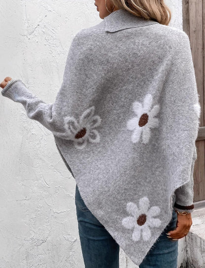 Pullover Flower Jacquard Cloak Knitted Poncho