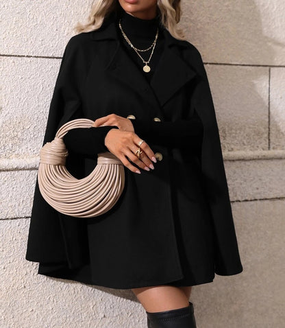Solid Color Cloak Trench Coat Double Breasted Batwing Sleeve Long Coat with Slit