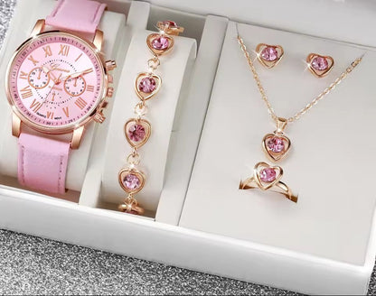 Simple Belt Watch & Love Jewelry Gift Set  legant