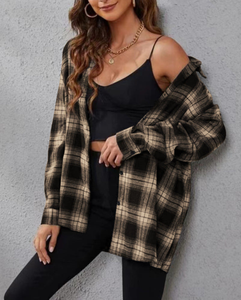Plaid Cardigan Shirt Loose Fit Casual