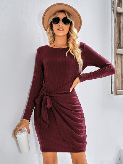 Round Neck Long Sleeve Knot Dress