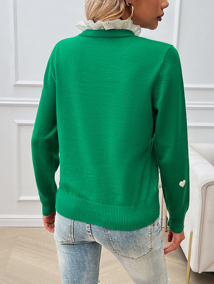 Sweet Cute Embroidered Love Sweater with Lace Collar