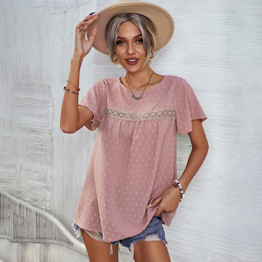 Short Sleeve Summer Top Blouse Solid Color Lace