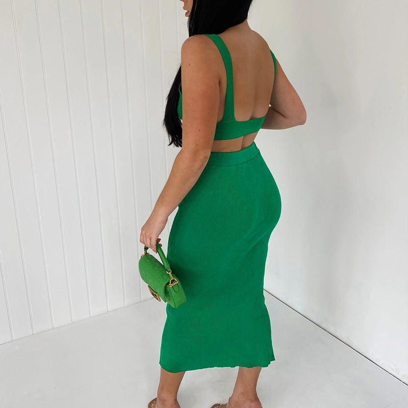 Ladies Knitted Skirt Set Green Backless