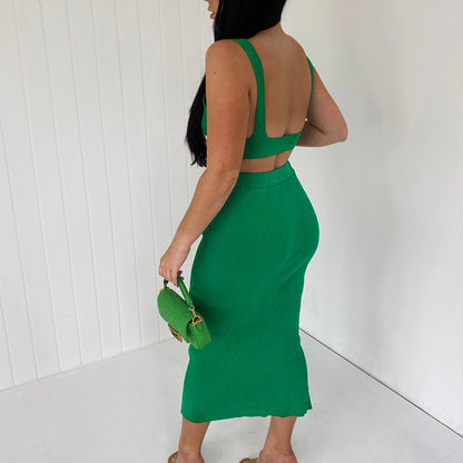 Ladies Knitted Skirt Set Green Backless