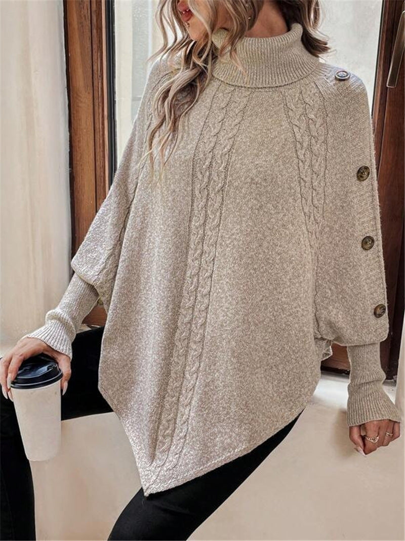 Turtleneck Batwing Shirt Long Sleeve Top with Decorative Buttons
