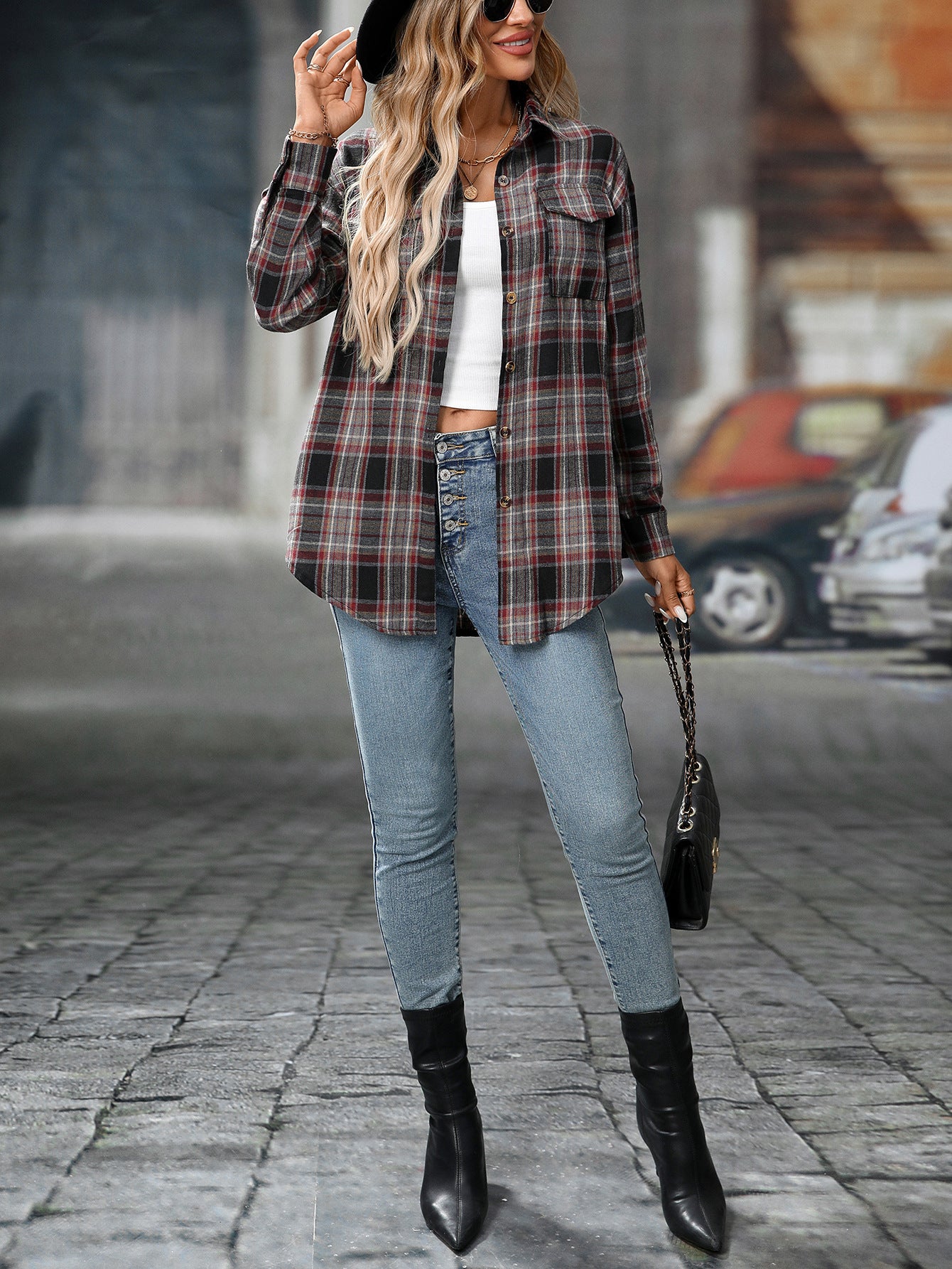 Loose Plaid Shirt Pocket Button