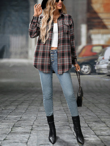 Loose Plaid Shirt Pocket Button