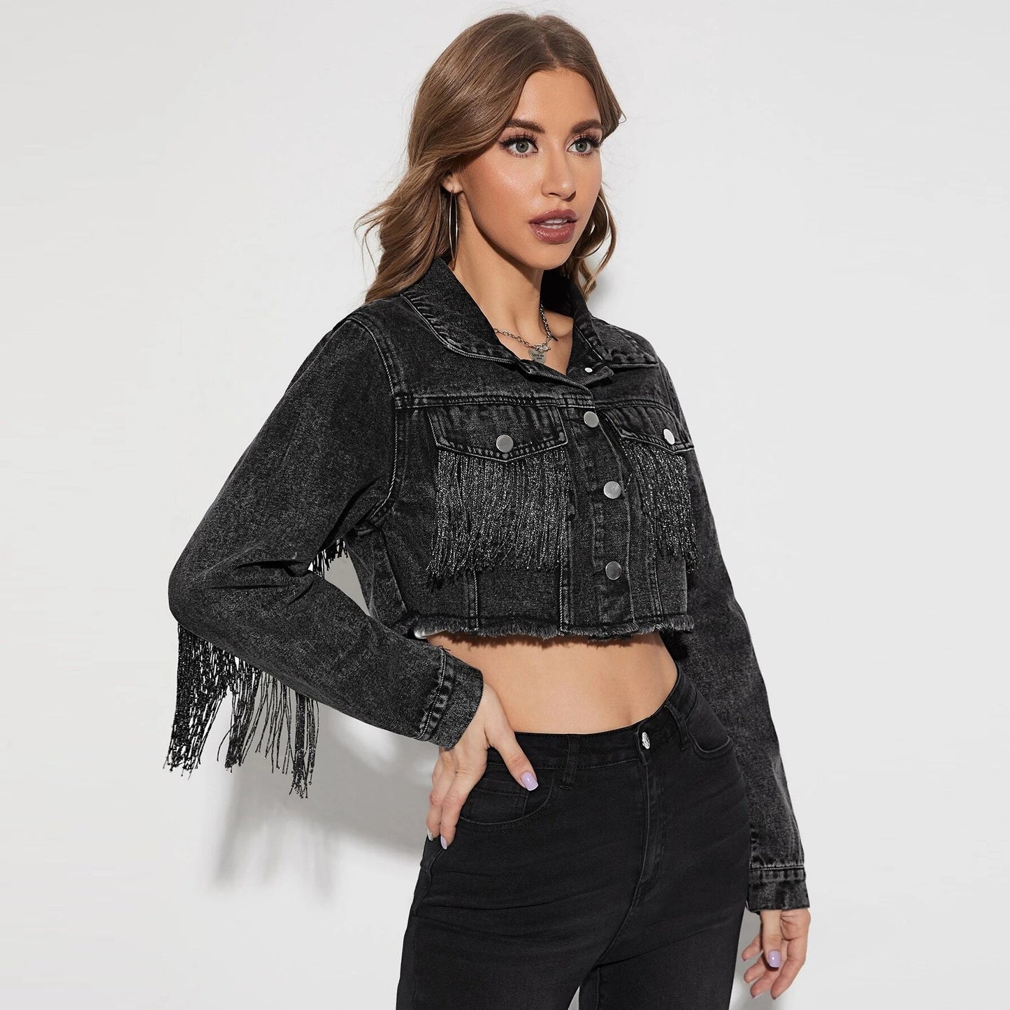 Fringe Detail Long Sleeve Cropped Denim Jacket
