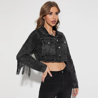 Fringe Detail Long Sleeve Cropped Denim Jacket