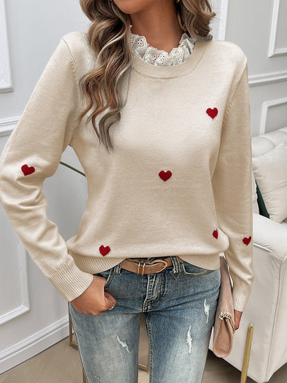 Sweet Cute Embroidered Love Sweater with Lace Collar