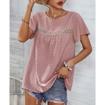 Short Sleeve Summer Top Blouse Solid Color Lace