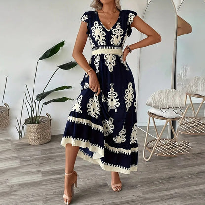 Maxi Dress for Women Casual V Neck Cap Sleeve