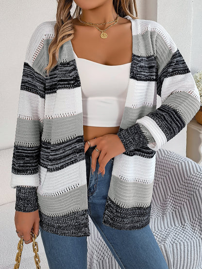 Casual Hollow Knit Contrast Color Striped Lantern Sleeve Sweater