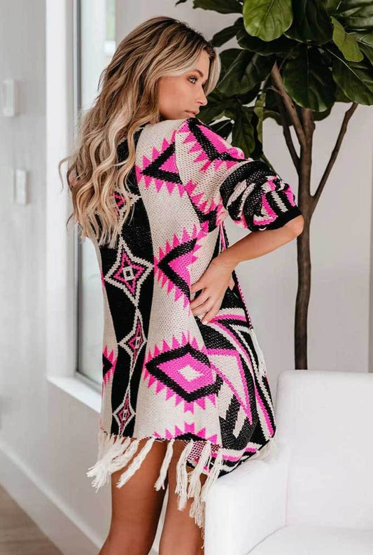 Printed Cardigan Fringe Long Sleeve