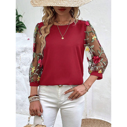 Floral Embroidered Sheer Mesh Puff Sleeve Top Boho Crew Neck