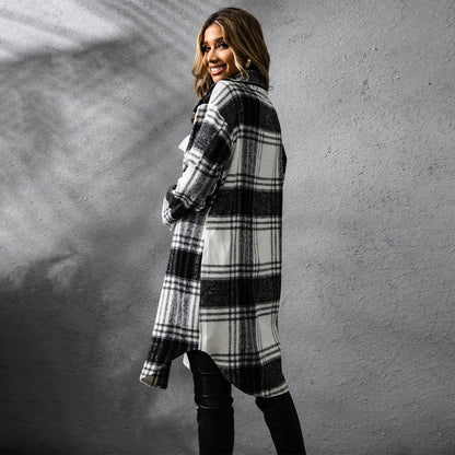 Plaid Wool Coat Single Row Button Long Winter Jacket